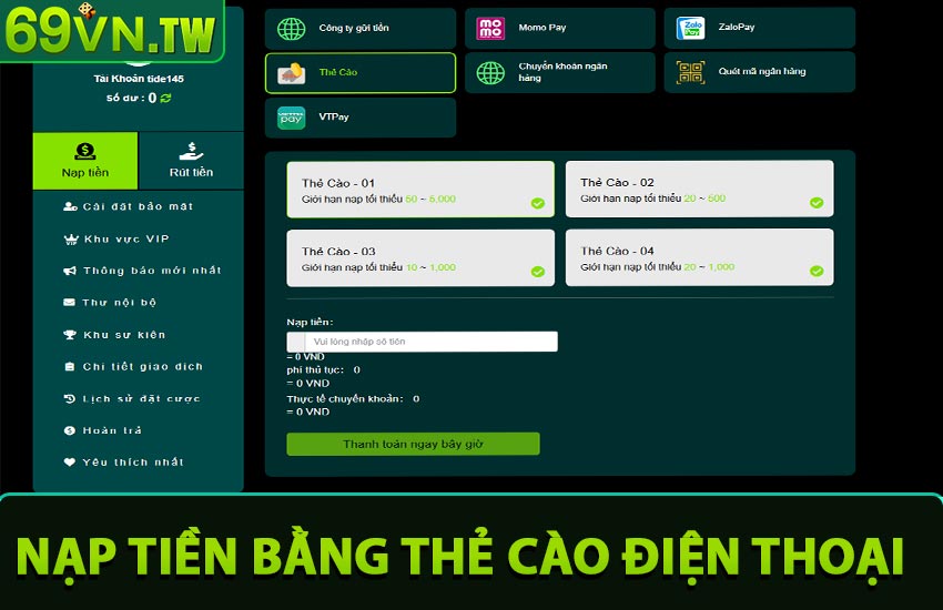 Nạp tiền 69vn bằng thẻ cào điện thoại